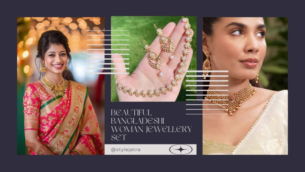 Beautiful Bangladeshi woman wearing gold plated necklace and earrings